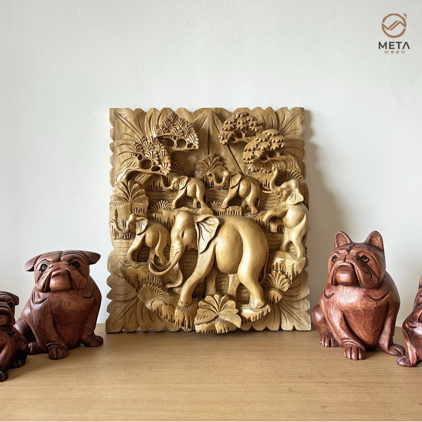 Balinese Carving Art : Trip of Elephant Family - Meta Wood - Natural