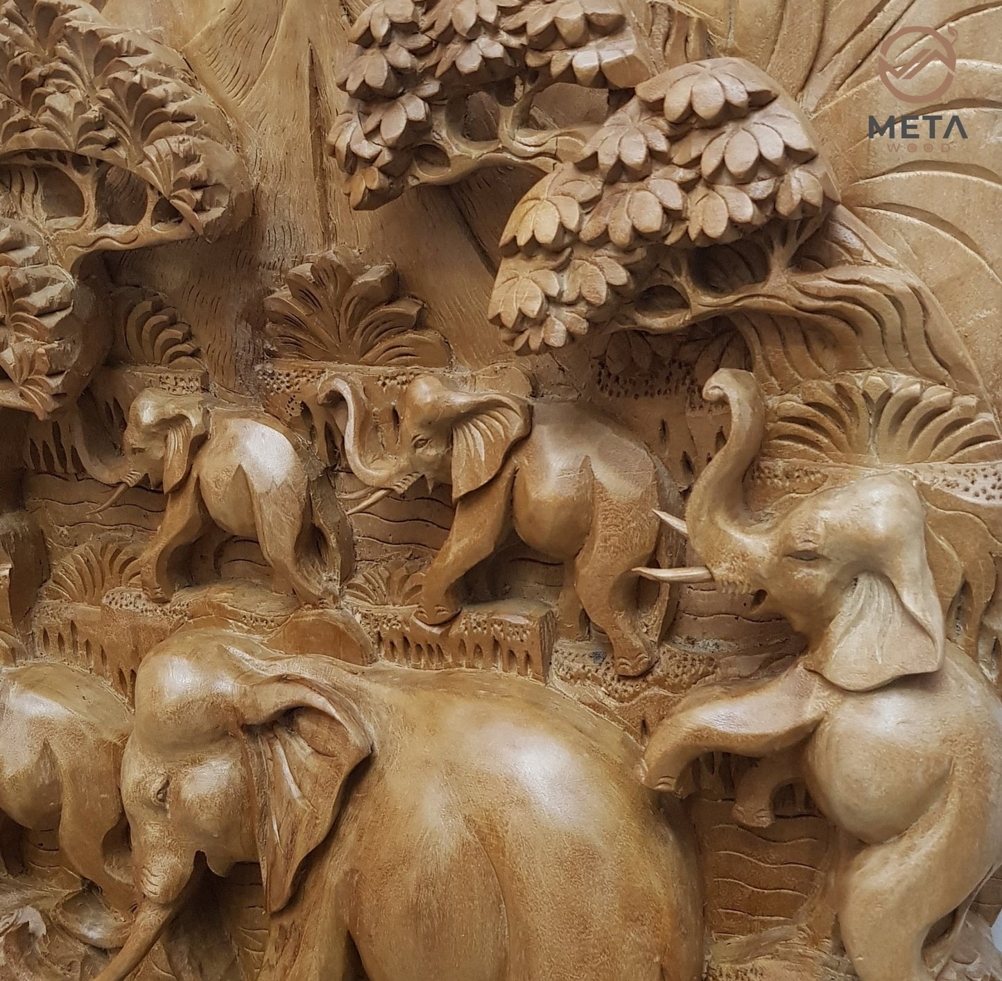 Balinese Carving Art : Trip of Elephant Family - Meta Wood - Natural