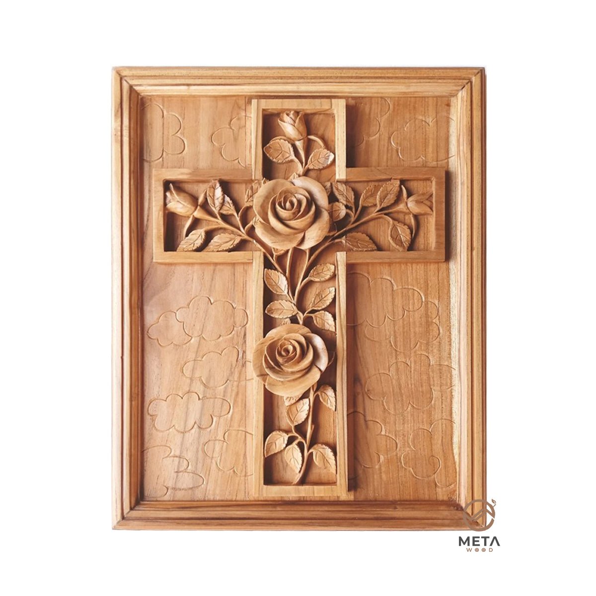 Floral Carving : Cross and Roses Style A - Meta Wood - 