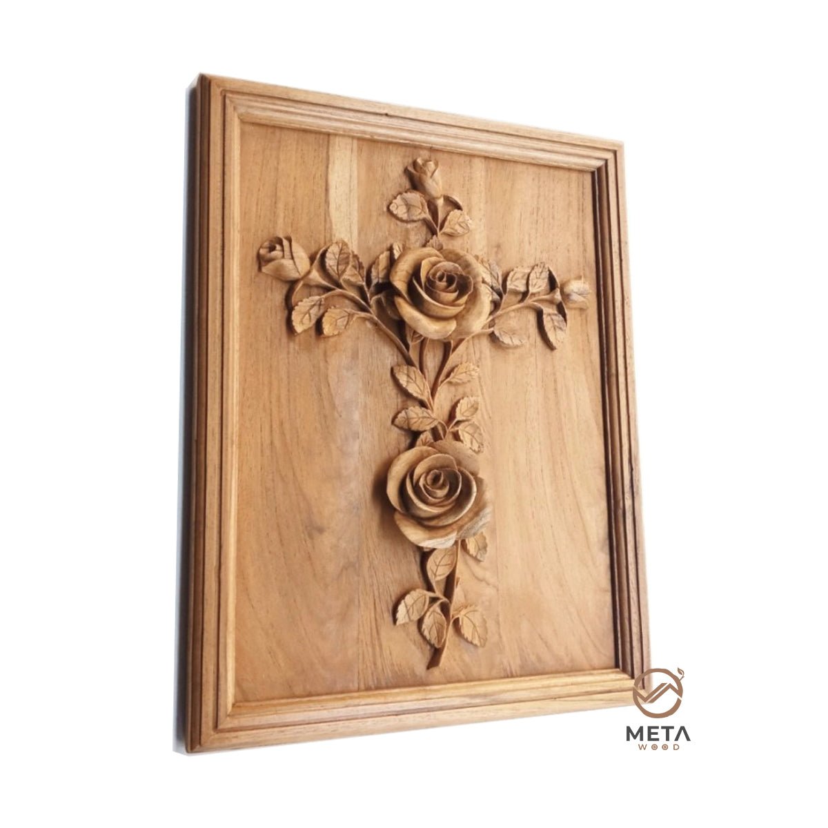 Floral Carving : Cross and Roses Style B - Meta Wood - 