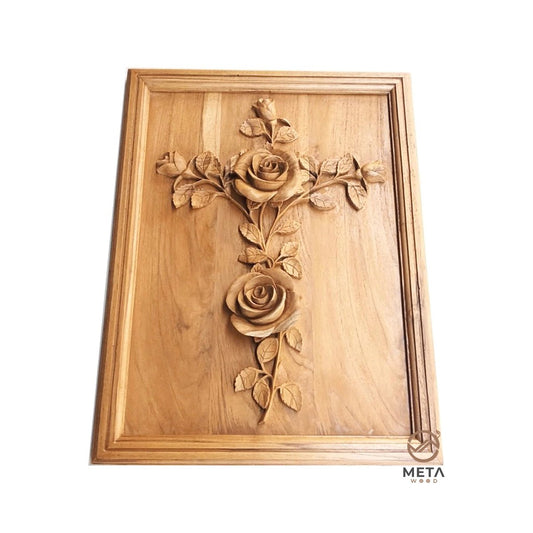 Floral Carving : Cross and Roses Style B - Meta Wood - 