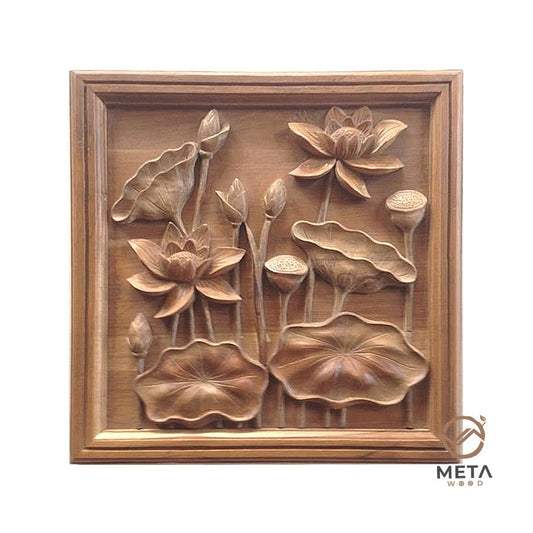 Floral Carving : Lotus Flowers (40x40cm) - Meta Wood - 