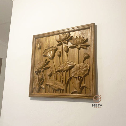 Floral Carving : Lotus Flowers (60x60cm) - Meta Wood - 