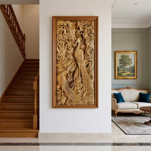 Peacock Pair at Rest — Hand Carved Balinese Relief Panel