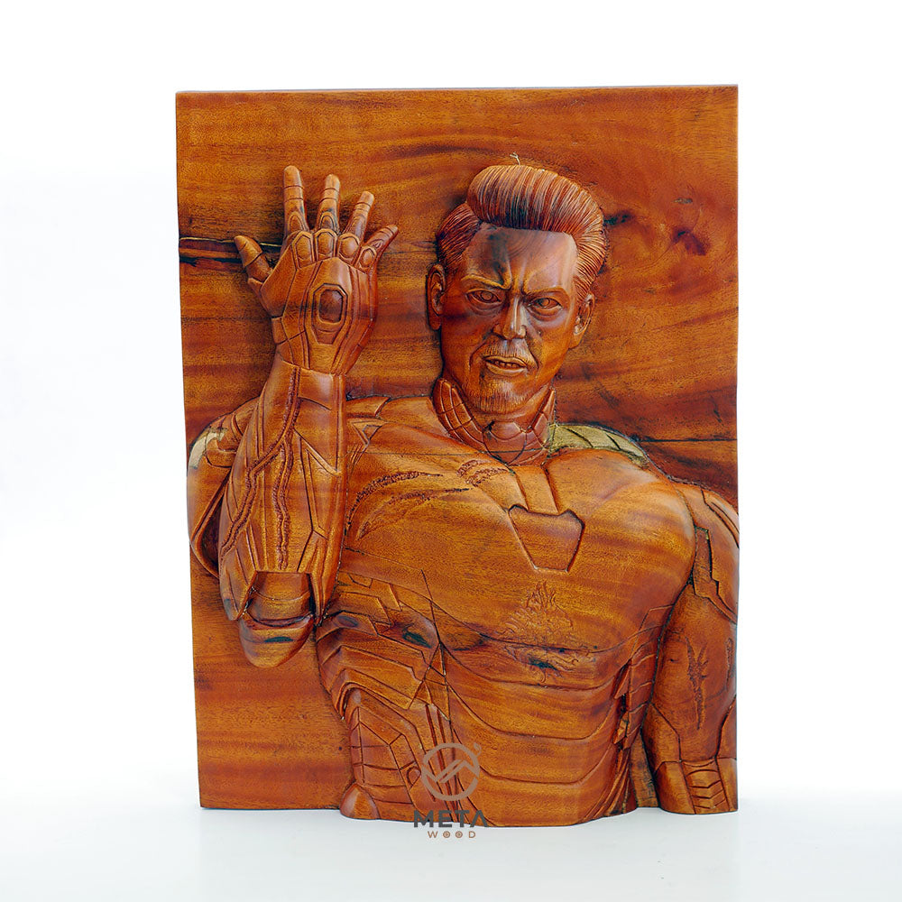 Exquisitely Handcrafted Iron Man with Infinity Stone Gauntlet Wood Art - A Marvel Tribute Carving by MetaWood, Ideal for Collectors and Fans of the Iconic Tony Stark Character in the Marvel Universe