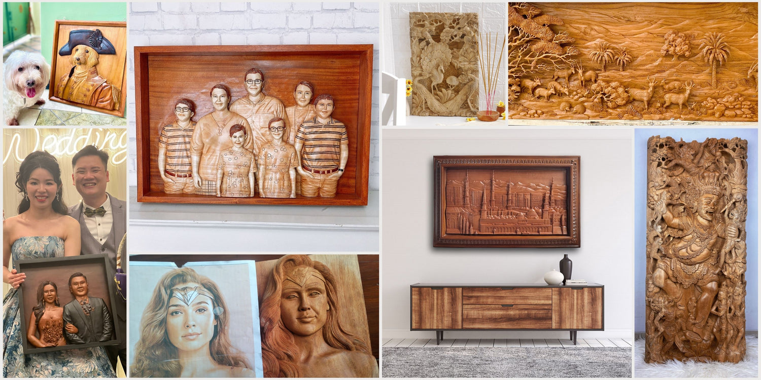 Custom personalized carvings featuring portrait carvings and wall sculptures displayed in a promotional banner on our shop page, showcasing intricate details and expert craftsmanship.