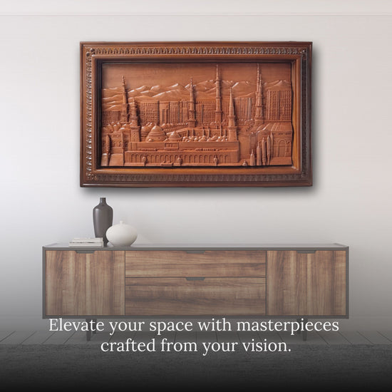 Elegant interior of a living room featuring a personalized wooden wall sculpture above a wooden table, with text 'Elevate your space with masterpiece crafted from your vision' - highlighting our personalized wall sculpture carving service.