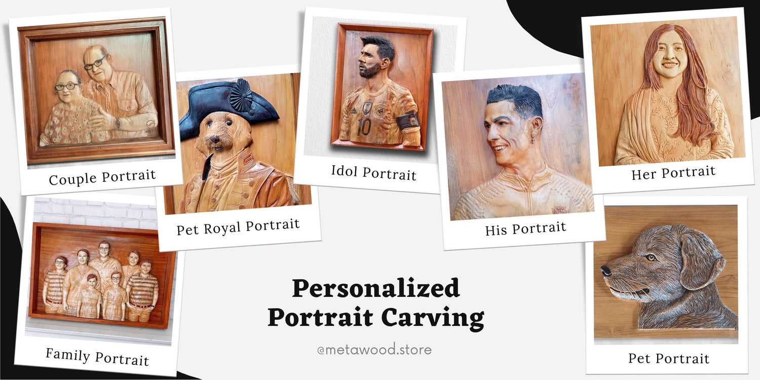 Showcase of various personalized portrait carvings displayed in a banner on our portrait carving page, highlighting the artistry and customization available.