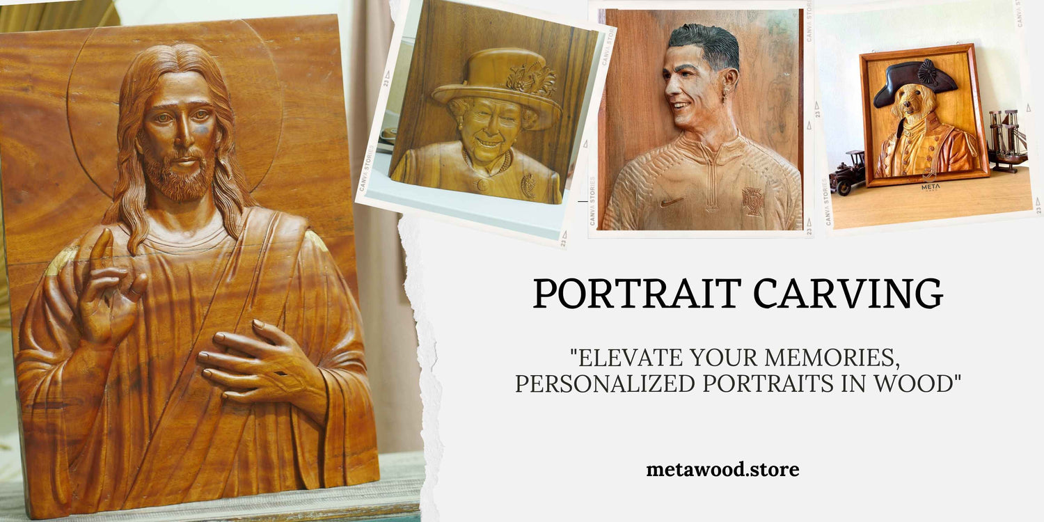 Showcase of various personalized portrait carvings displayed in a banner on our portrait carving page, highlighting the artistry and customization available.