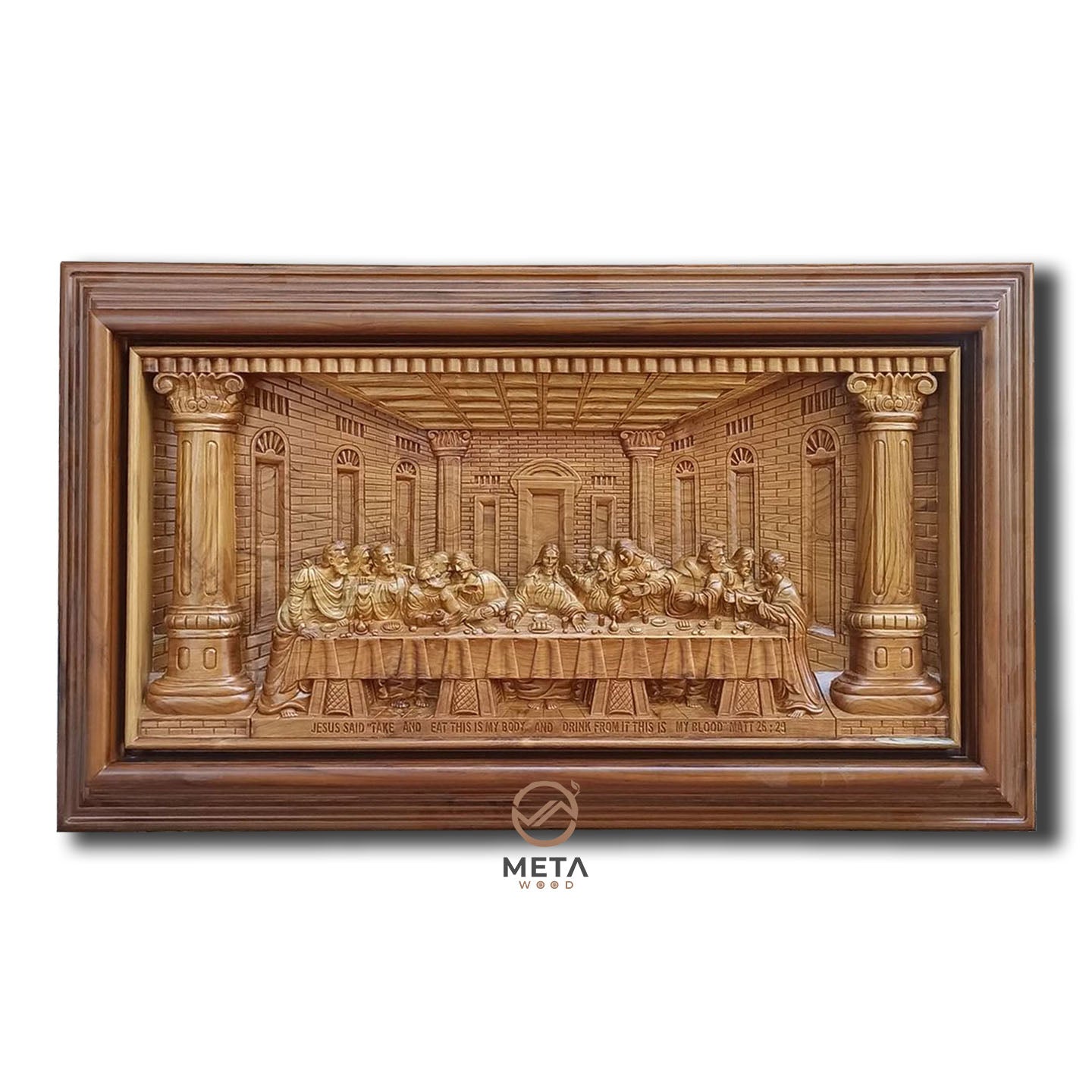 "MetaWood's Jesus Last Supper Wood Carving - Masterpiece of Faith and Unity. A captivating portrayal of the sacred moment. Ideal for wood art wall enthusiasts