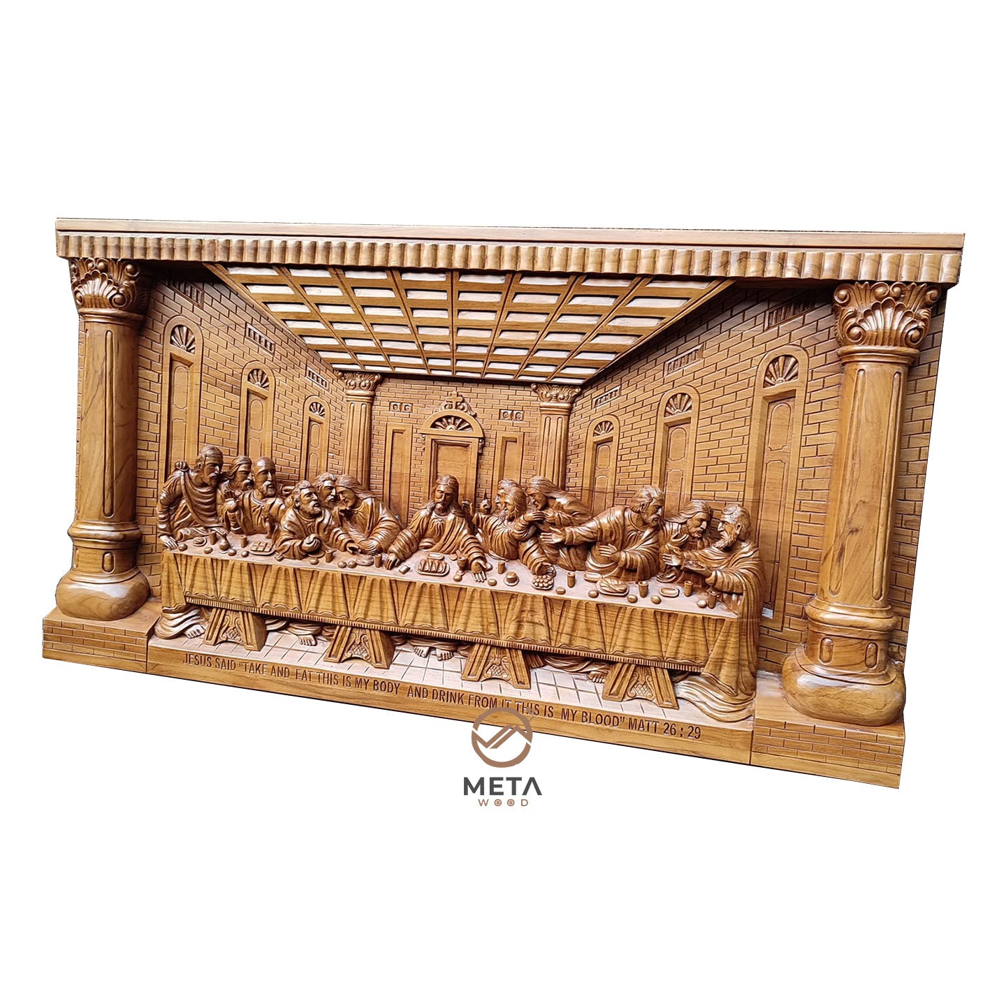 Close-up Detail of Jesus Last Supper Carving - Meticulous Artistry by MetaWood. Each disciple's expression etched with precision. Perfect for wall art and decor.