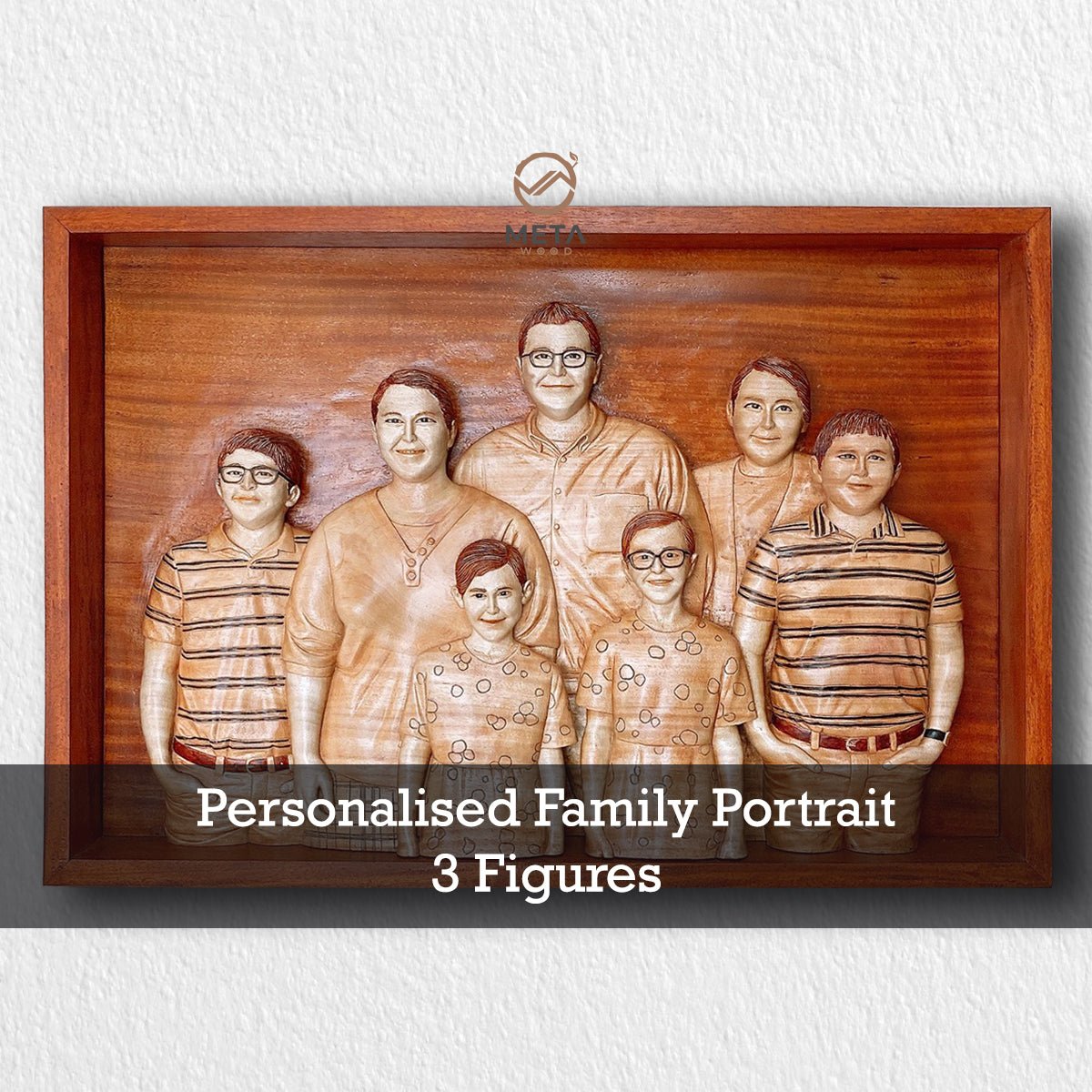 Personalized Custom 3D Realistic Family Photo Portrait Wood Relief Carving : 3 Figures - Meta Wood - Size 1 - 11.8" W x 17.7" H Inches (30cm x 45cm)