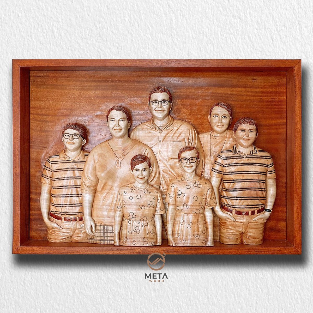 Personalized Custom 3D Realistic Family Photo Portrait Wood Relief Carving : 3 Figures - Meta Wood - Size 1 - 11.8" W x 17.7" H Inches (30cm x 45cm)