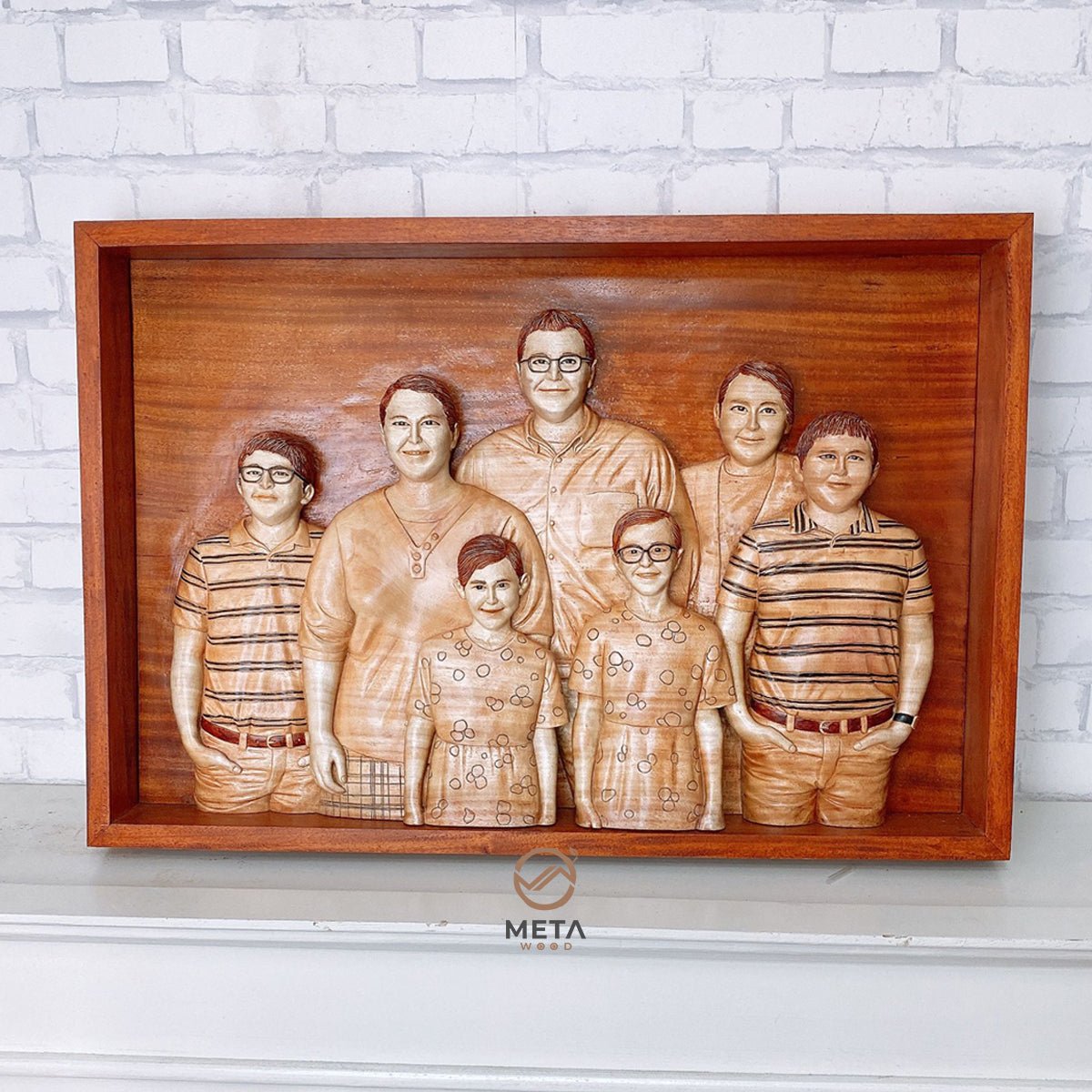 Personalized Custom 3D Realistic Family Photo Portrait Wood Relief Carving : 3 Figures - Meta Wood - Size 1 - 11.8" W x 17.7" H Inches (30cm x 45cm)