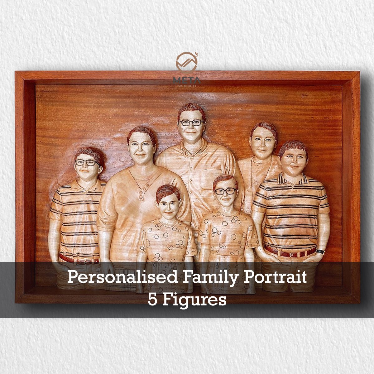 Personalized Custom 3D Realistic Family Photo Portrait Wood Relief Carving : 5 Figures - Meta Wood - Size 1 - 15.7" W x 23.6" H Inches (40cm x 60cm)