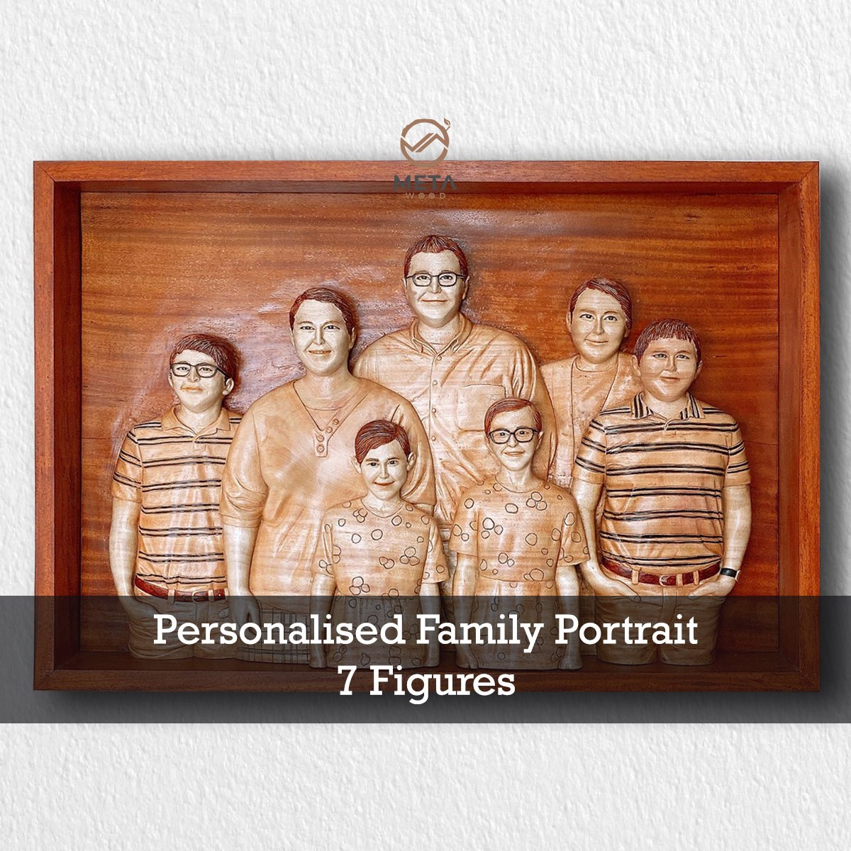 Personalized Custom 3D Realistic Family Photo Portrait Wood Relief Carving : 7 Figures - Meta Wood - Size 1 - 19.7" W x 29.5" H Inches (50cm * 75cm)