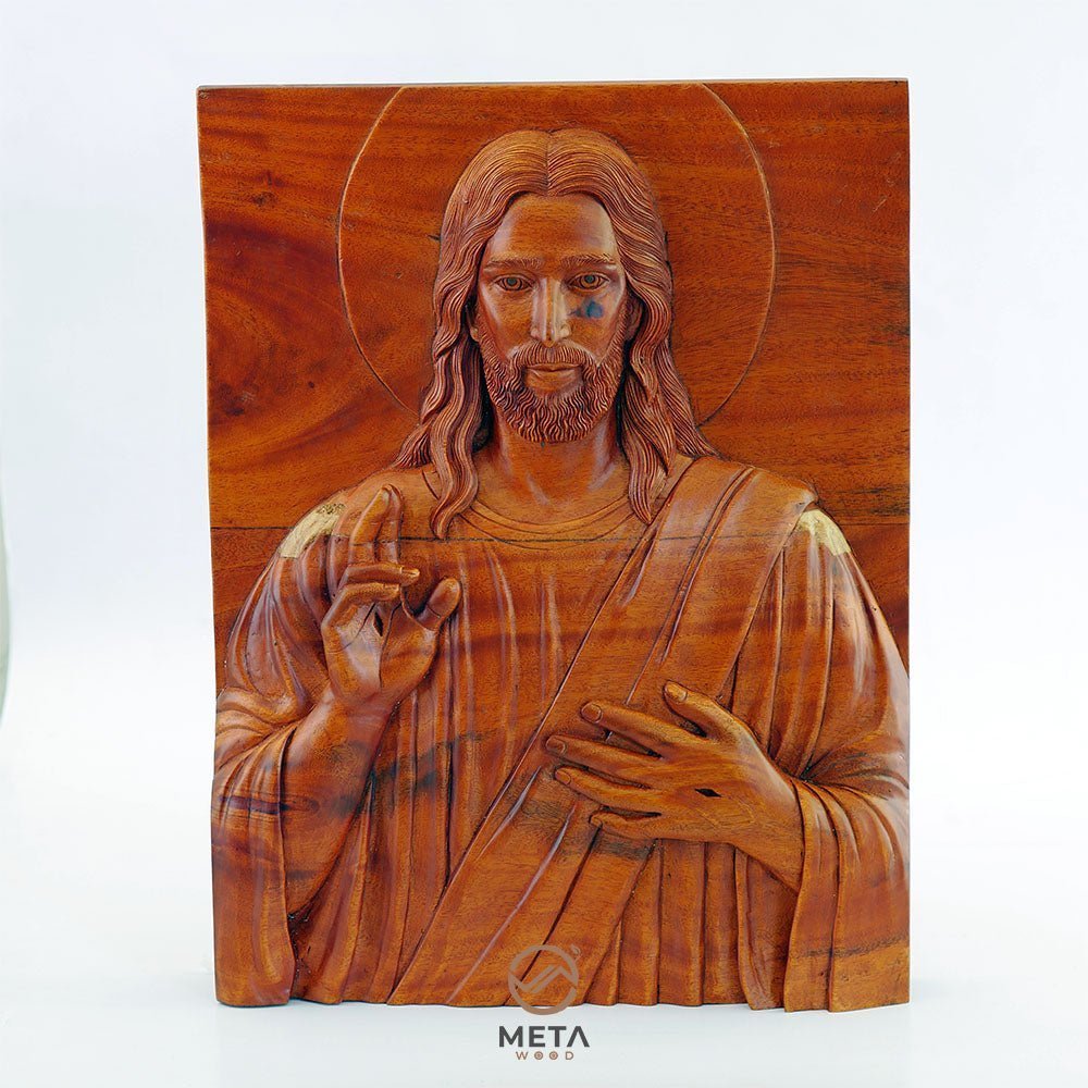 Portrait Carving, Jesus Christ Blessing Icon - Meta Wood - 