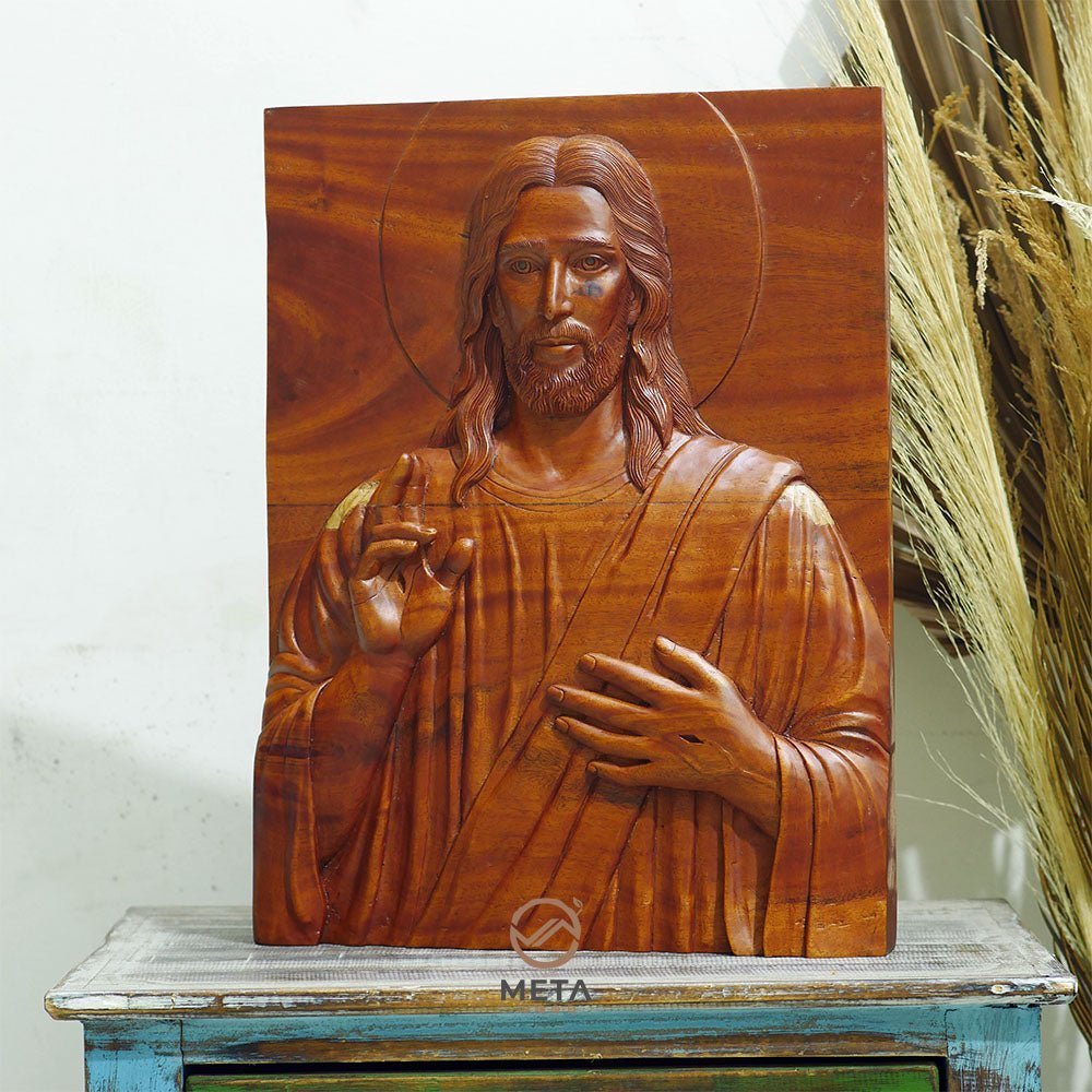 Portrait Carving, Jesus Christ Blessing Icon - Meta Wood - 