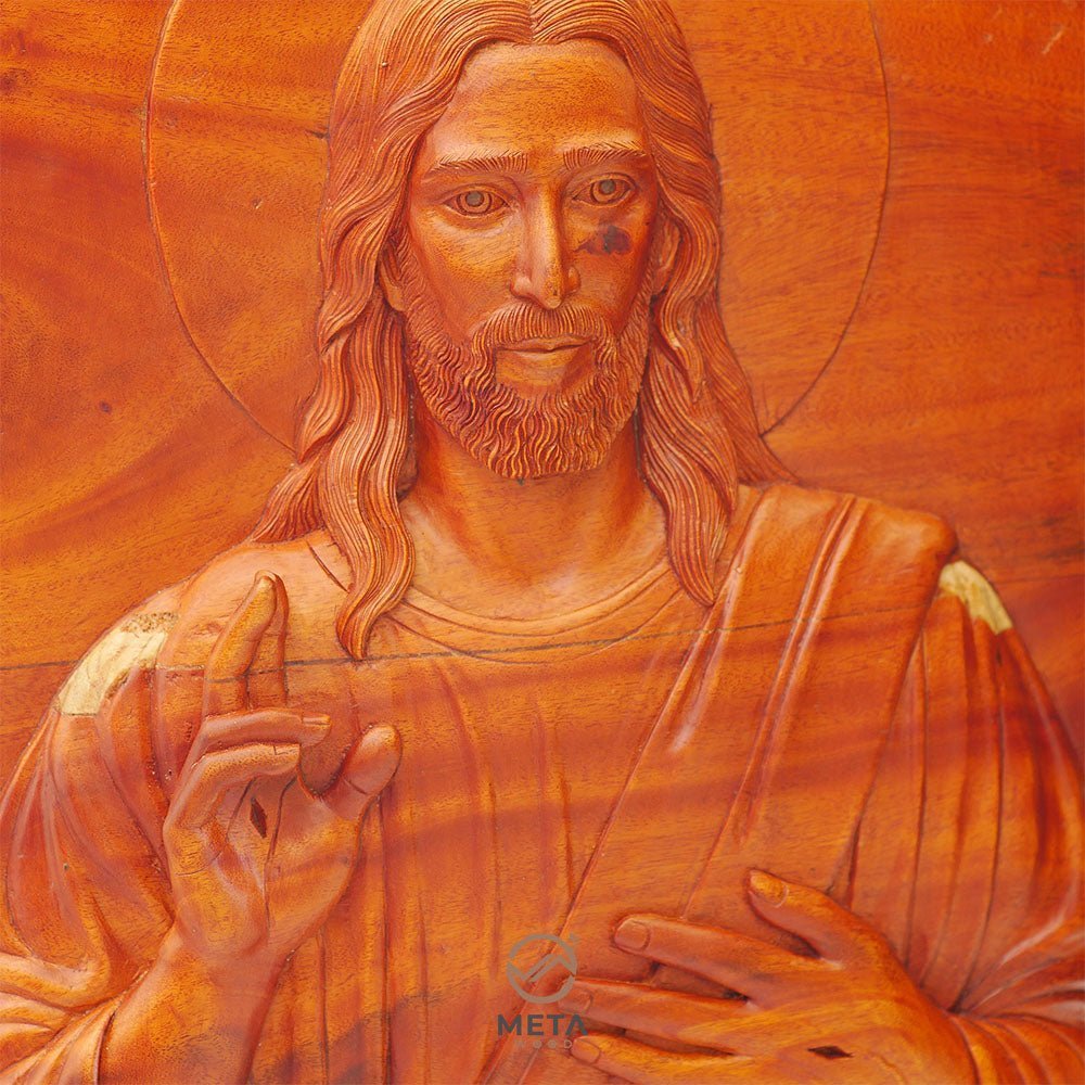 Portrait Carving, Jesus Christ Blessing Icon - Meta Wood - 