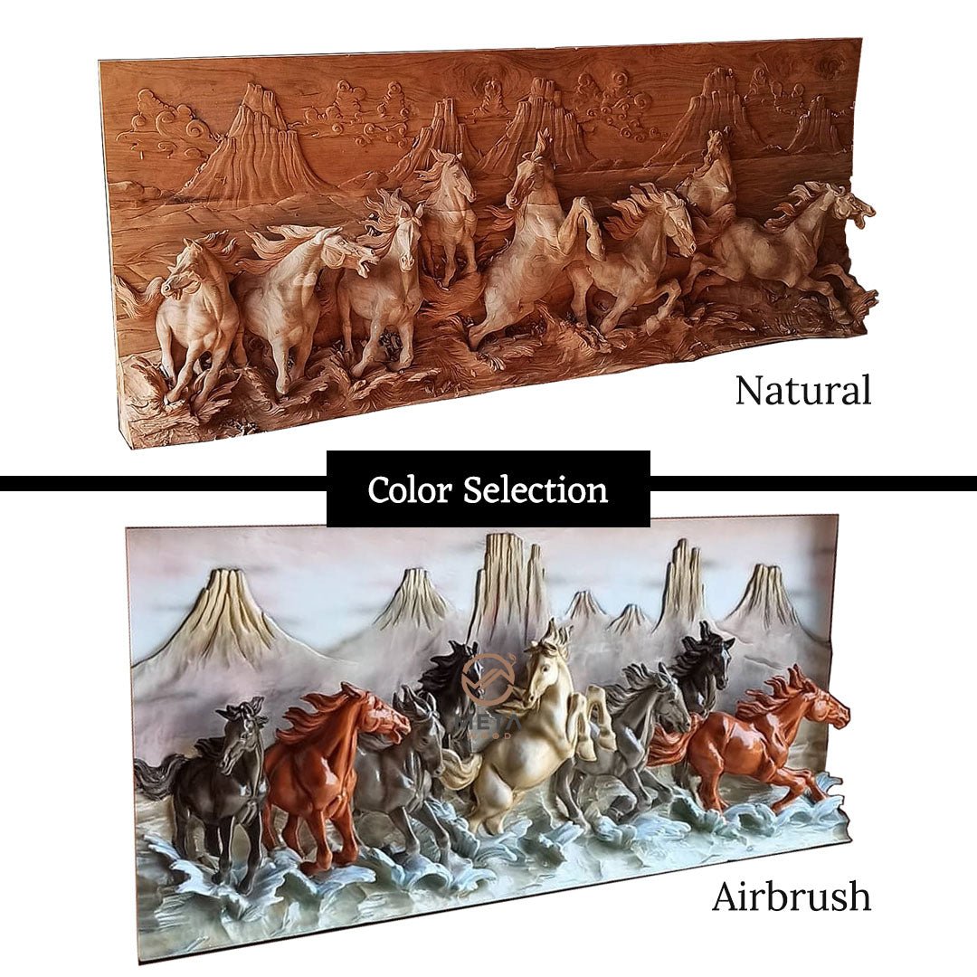 Signature Carving, Eight Galloping Horses - Meta Wood - Size 1 - 47.2" W x 19.6" H Inches (120cm x 50cm)