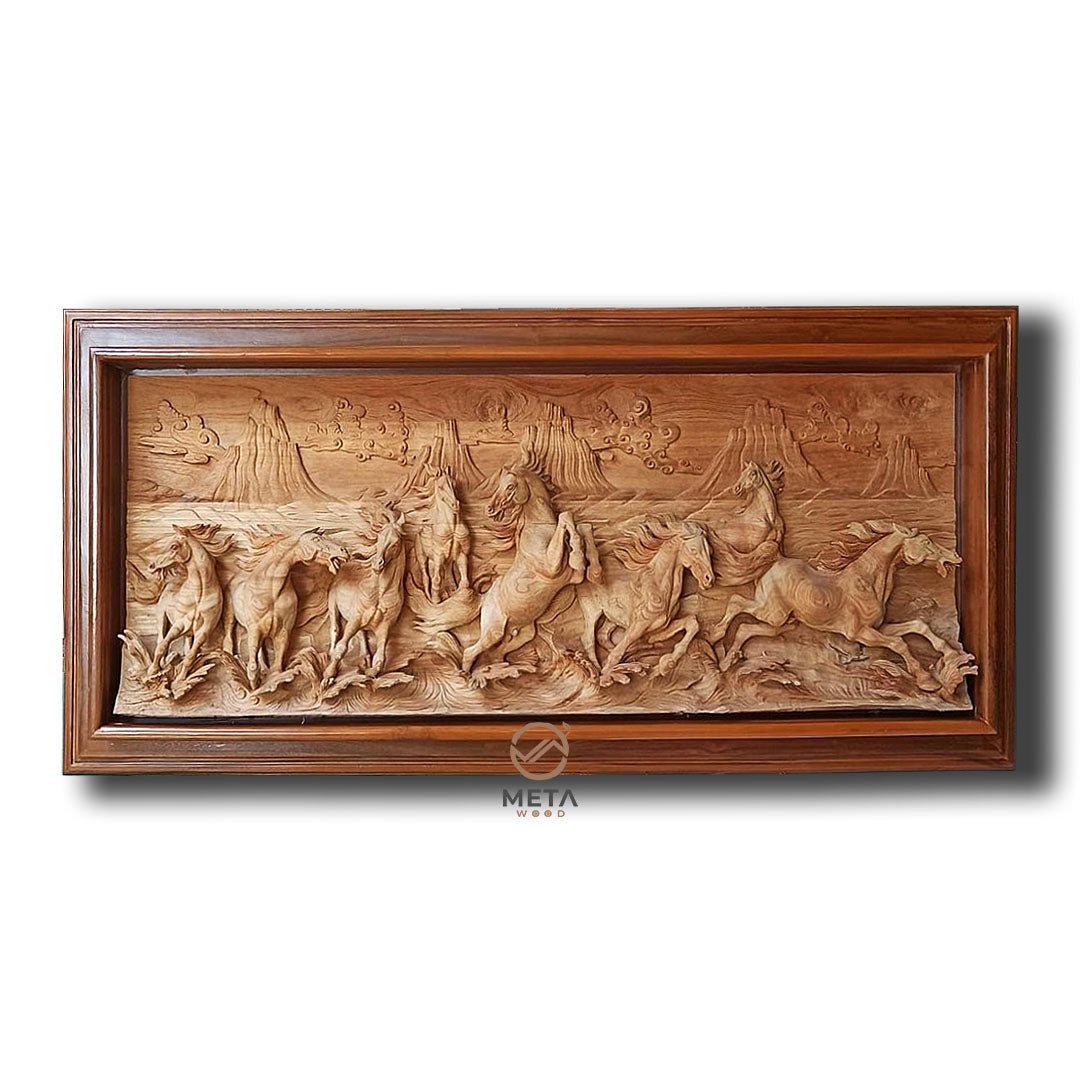 Signature Carving, Eight Galloping Horses - Meta Wood - Size 1 - 47.2" W x 19.6" H Inches (120cm x 50cm)