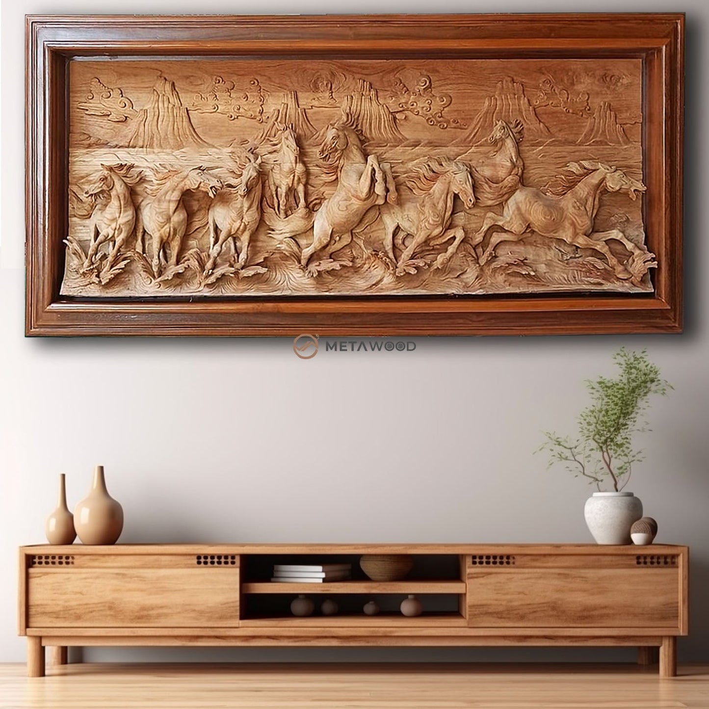 Signature Carving, Eight Galloping Horses - Meta Wood - Size 1 - 47.2" W x 19.6" H Inches (120cm x 50cm)