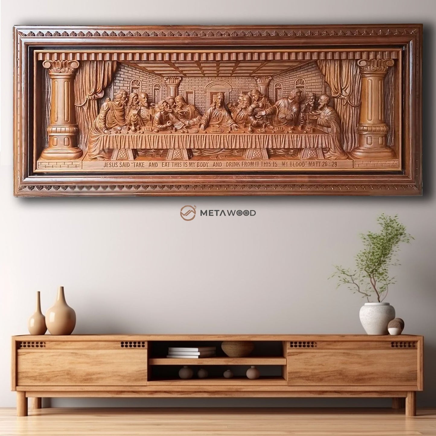 Signature Carving, Jesus Last Supper - Meta Wood - Size 1 - 43.3" W x 15.7" H Inches (110cm x 40cm)