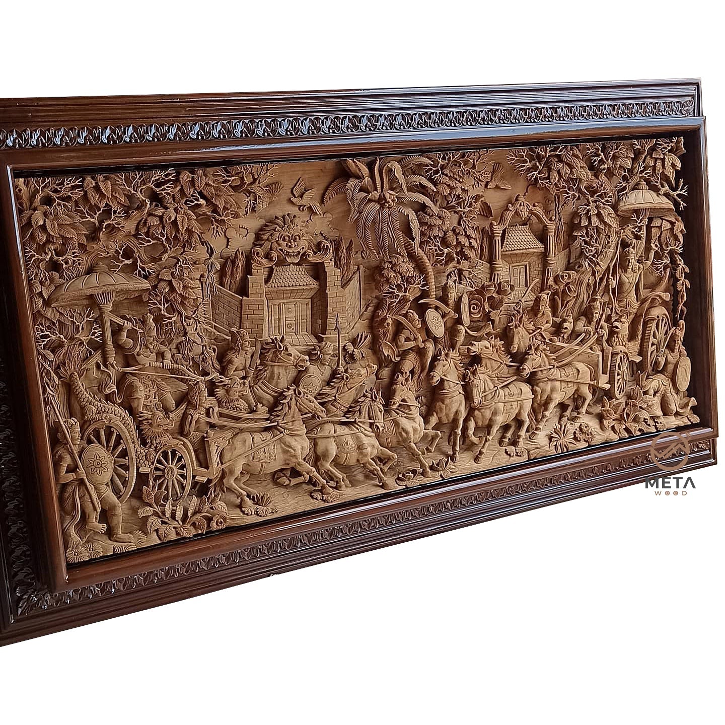 Signature Carving, Mahabharata Kurukshetra War - Meta Wood - Size 1 - 90.5" W x 45.3" H Inches (230cm x 115cm)