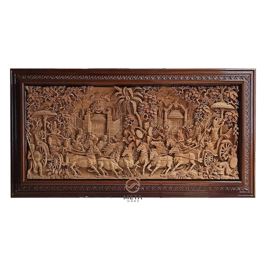 Signature Carving, Mahabharata Kurukshetra War - Meta Wood - Size 1 - 90.5" W x 45.3" H Inches (230cm x 115cm)