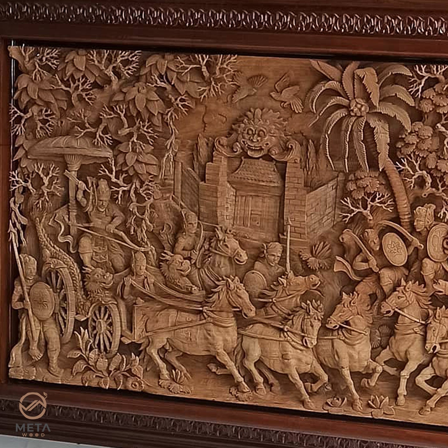 Signature Carving, Mahabharata Kurukshetra War - Meta Wood - Size 1 - 90.5" W x 45.3" H Inches (230cm x 115cm)