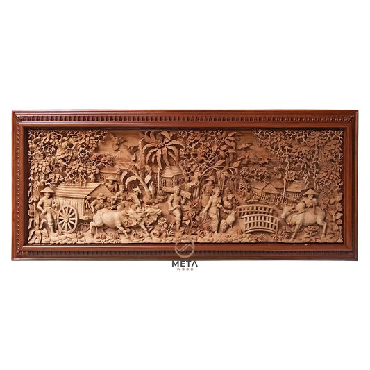 Signature Carving, Rural Village Life Scenery - Meta Wood - Size 1 - 59" W x 23.6" H (150cm x 60cm)