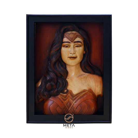 ntricately Hand-Carved Wonder Woman Portrait - A Gal Gadot Tribute Artwork Celebrating the Iconic DC Comics Superheroine, Ideal for Collectors and Fans of Heroic Legends in Pop Culture"