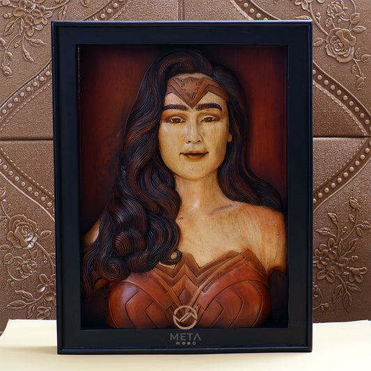 Detailed Portrait Wood Art - Gal Gadot as Wonder Woman, a Stunning Tribute to a Strong and Compassionate Superheroine, Perfect for Collectors of Heroic Art and Pop Culture Enthusiasts