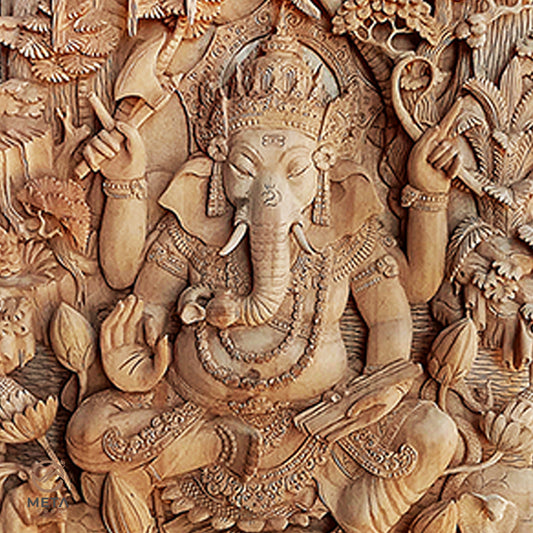 This wooden relief carving depicting the Hindu God Ganesha is truly one of a kind piece of artwork. If you crave a piece of unique, alluring, and beautiful art, this piece is for you. This piece is incredibly ornate and will look equally as lovely mounted on a wall or placed on a bookshelf.