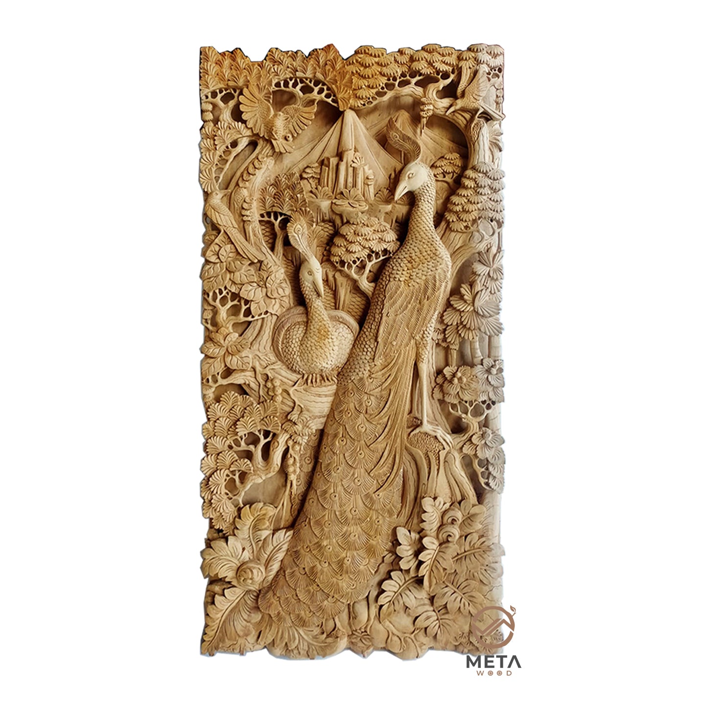 This wood carving, depicting two beautiful peacocks, is hand carved by skilled Artisans, who use traditional carving techniques to create this fine craftsmanship that will be the centerpiece of any room. Explore Meta Wood other wood art pieces. We offer an extensive selection of unique and custom wood carvings.