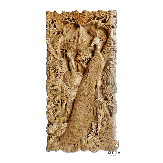 This wood carving, depicting two beautiful peacocks, is hand carved by skilled Artisans, who use traditional carving techniques to create this fine craftsmanship that will be the centerpiece of any room. Explore Meta Wood other wood art pieces. We offer an extensive selection of unique and custom wood carvings.