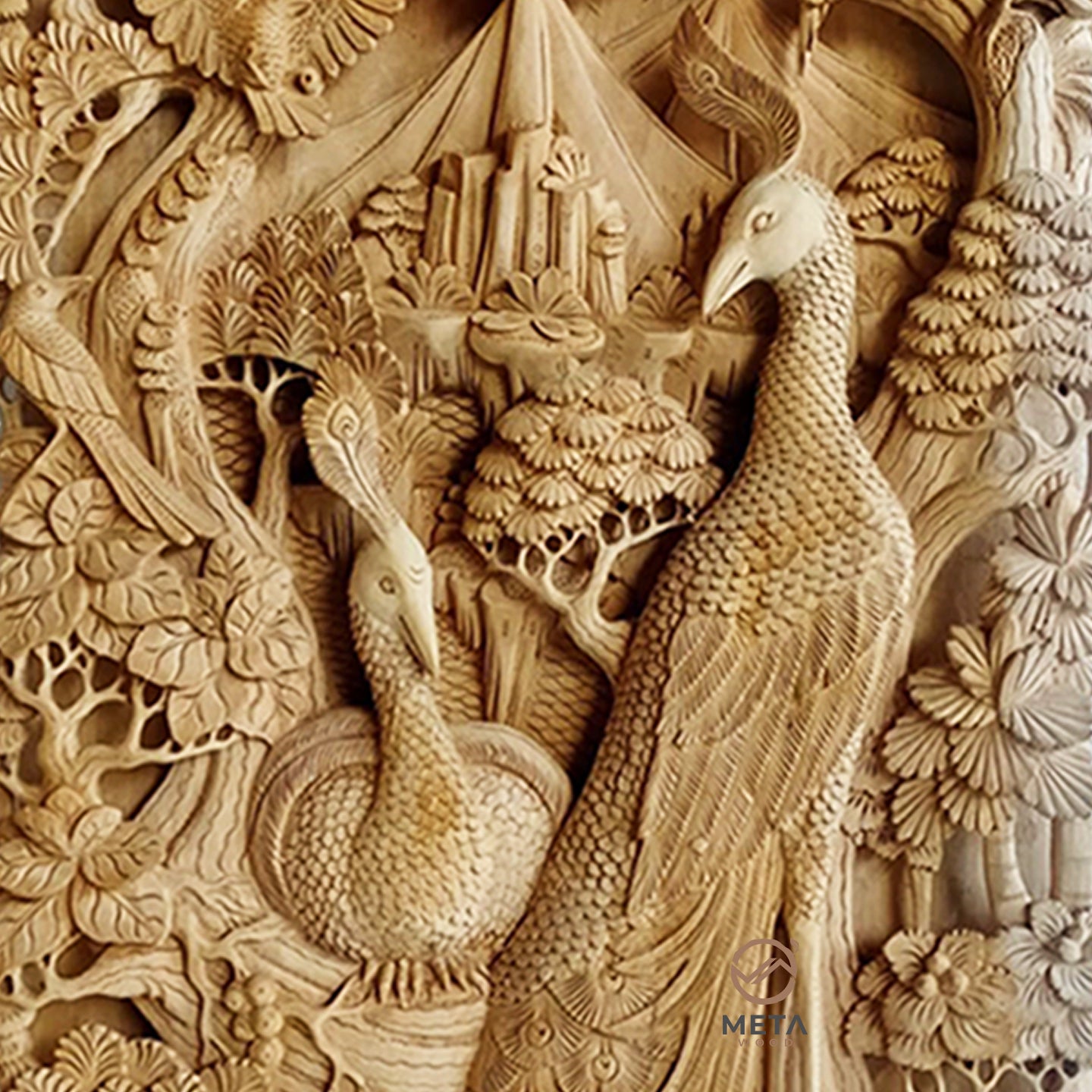 This wooden relief carving showing the activity of a pair of peacocks is truly one of a kind piece of artwork. If you crave a piece of unique, alluring, and beautiful art, this piece is for you. This piece is incredibly ornate and will look equally as lovely mounted on a wall or placed on a bookshelf.