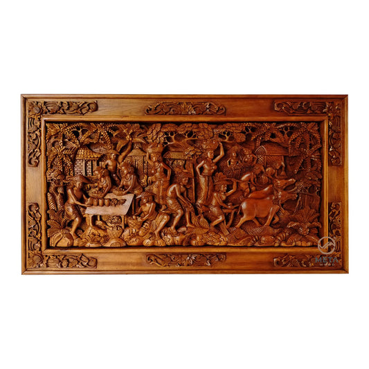 A small village in the middle of a forest away from the city, surrounded by large trees and lush green fields. The village grows crops and raises animals for food. The notable Balinese artisan hand-carves this intricate scene on top of natural Cempaka wood, capturing each tiny detail with the greatest precision and showing off its fine natural grain.