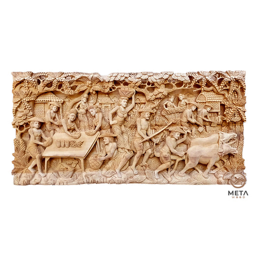 This wood carving, depicting life in rural small village, is hand carved by skilled Artisans, who use traditional carving techniques to create this fine craftsmanship that will be the centerpiece of any room. Explore Meta Wood other wood art pieces. We offer an extensive selection of unique and custom wood carvings.