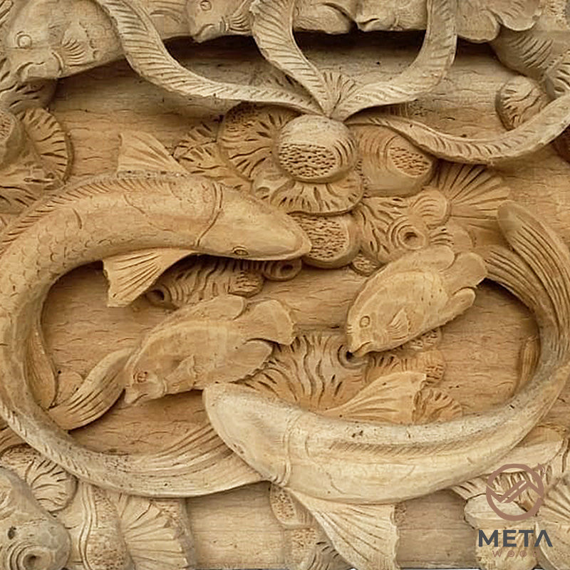 Hand Carved Balinese Wood Relief, Wall Mural a pair of Koi fish – Meta Wood