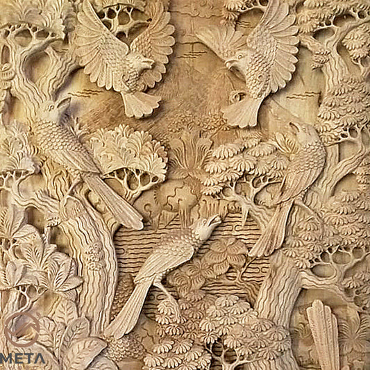 This wooden relief carving showing the activity of the unkindness of ravens is truly one of a kind piece of artwork. If you crave a piece of unique, alluring, and beautiful art, this piece is for you. This piece is incredibly ornate and will look equally as lovely mounted on a wall or placed on a bookshelf.