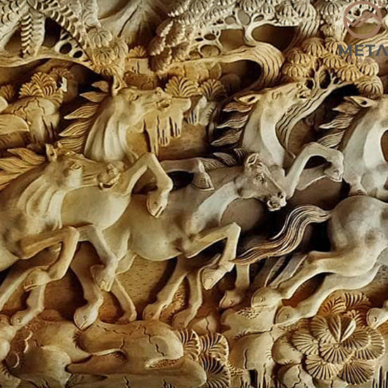 Hand Carved Balinese Wood Relief, Wall Mural Running Horses – Meta Wood
