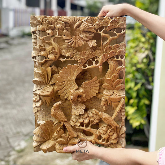 Living in their paradise, a group of ravens play and sing together, enjoying their lives. The notable Balinese artisan hand-carves this intricate scene of natural Cempaka wood, capturing each tiny detail with the greatest precision and showing off its fine natural grain.