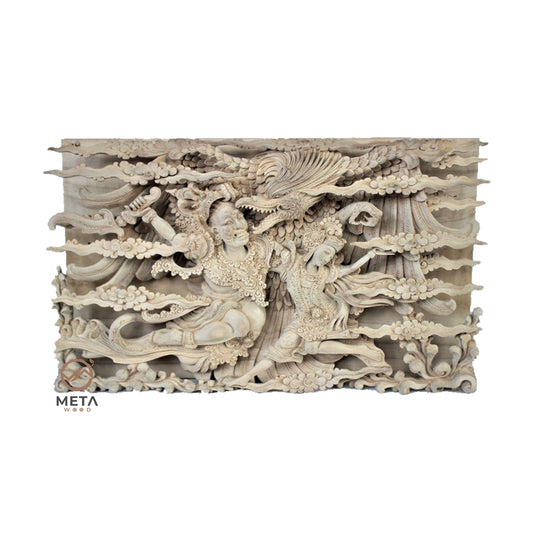 This wood carving, depicting Ravana kidnapping Shinta, is hand carved by skilled Artisans, who use traditional carving techniques to create this fine craftsmanship that will be the centerpiece of any room. Explore Meta Wood other wood art pieces. We offer an extensive selection of unique and custom wood carvings.