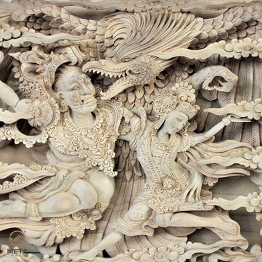 This wooden relief carving showing the kidnapping Shinta is truly one of a kind piece of artwork. If you crave a piece of unique, alluring, and beautiful art, this piece is for you. This piece is incredibly ornate and will look equally as lovely mounted on a wall or placed on a bookshelf.