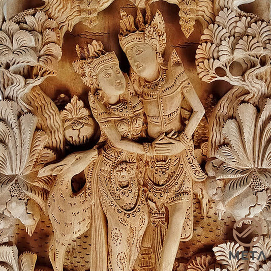 This wooden relief carving depicting Rama, Shinta, and deer is truly one of a kind piece of artwork. If you crave a piece of unique, alluring, and beautiful art, this piece is for you. This piece is incredibly ornate and will look equally as lovely mounted on a wall or placed on a bookshelf.