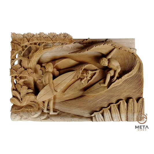 This wood carving, depicting surfing activity in Bali, is hand carved by skilled Artisans, who use traditional carving techniques to create this fine craftsmanship that will be the centerpiece of any room. Explore Meta Wood other wood art pieces. We offer an extensive selection of unique and custom wood carvings.