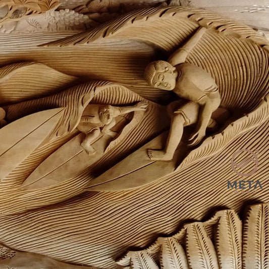 Surfing in beautiful Nusa Dua beaches in Bali, surfers compete with each other taming the long huge waves. The notable Balinese artisan hand-carves this intricate scene of natural Cempaka wood, capturing each tiny detail with the greatest precision and showing off its fine natural grain.